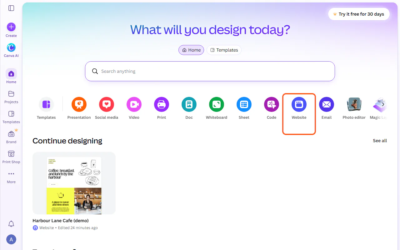 The Canva home page with the Website design type outlined