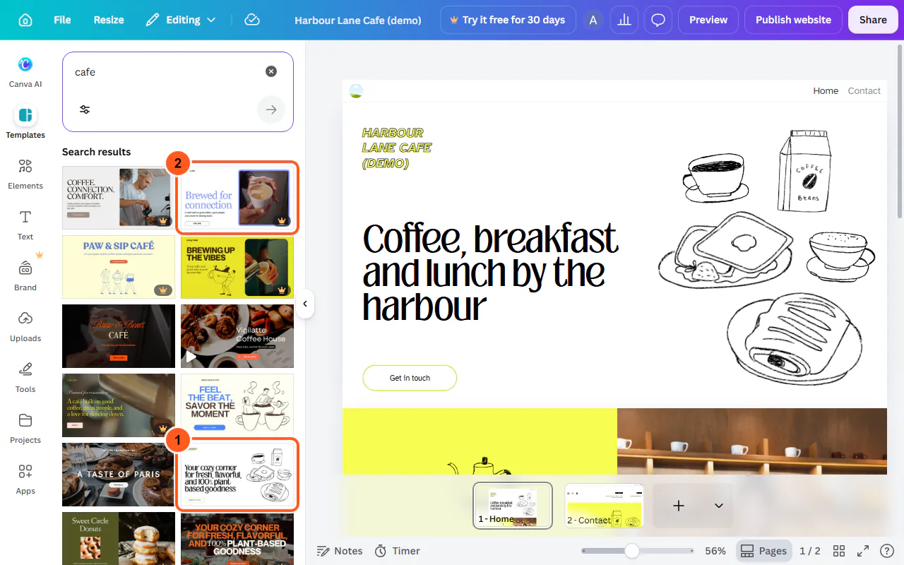 Canva website templates searched for "cafe": a free template is outlined (1) and a crown marks a Pro template (2)