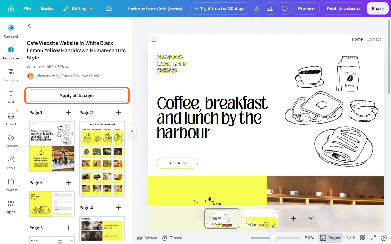 The chosen Canva cafe template opened in the side panel, showing its five pages and the "Apply all 5 pages" button outlined
