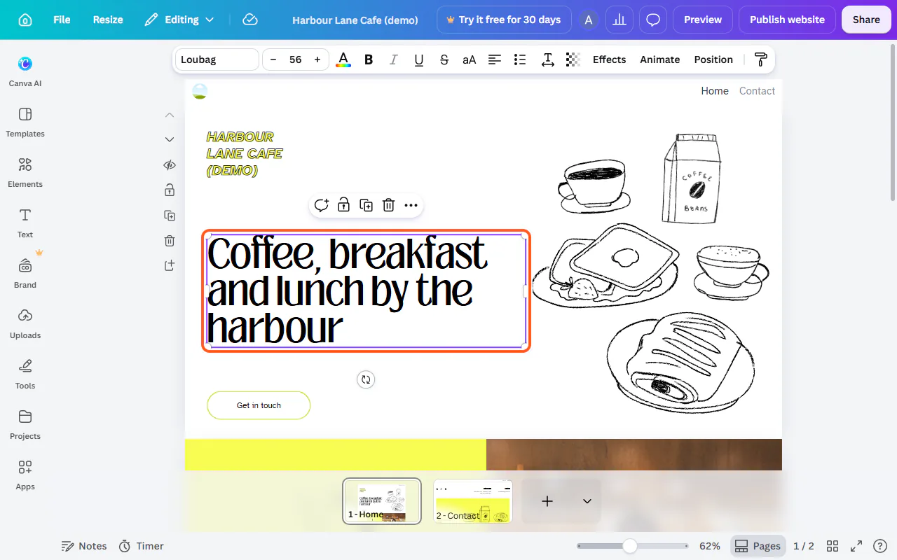 The Canva editor with the home page headline selected, ready to type over, and the text toolbar above it
