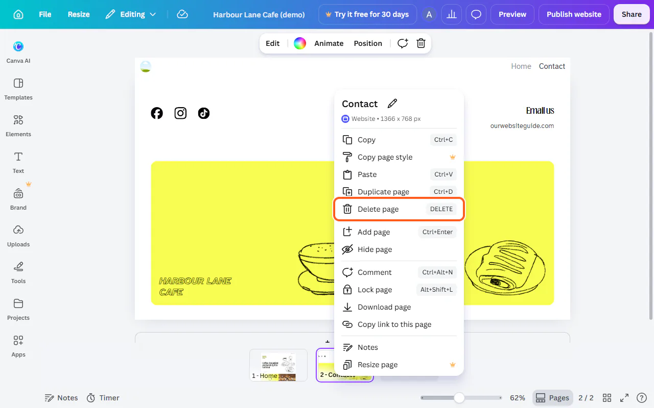 Canva page thumbnails with the right-click menu open on the Contact page and "Delete page" outlined