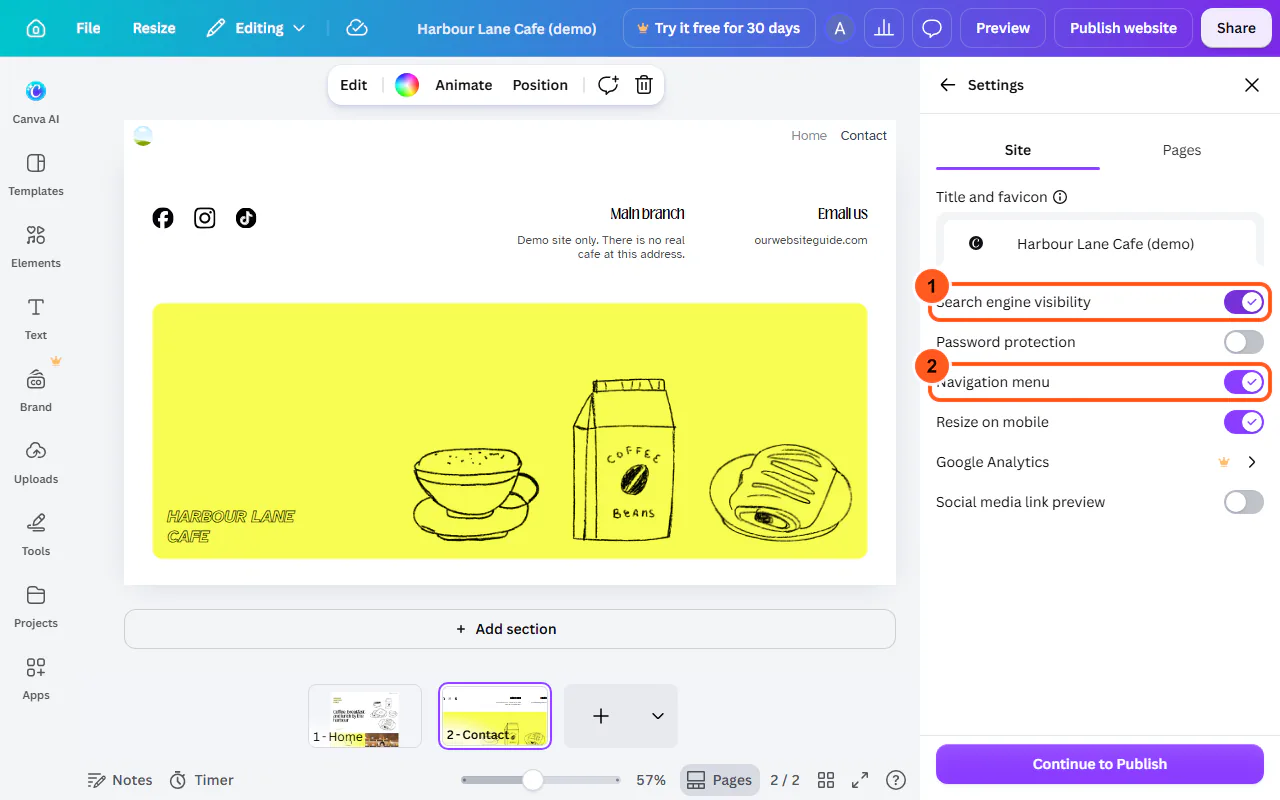 Canva website Settings with "Search engine visibility" (1) and "Navigation menu" (2) switched on
