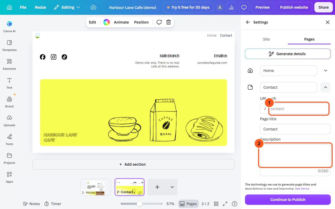 The Pages tab of Canva website Settings with the Contact page opened, showing its URL path (1) and Description box (2)