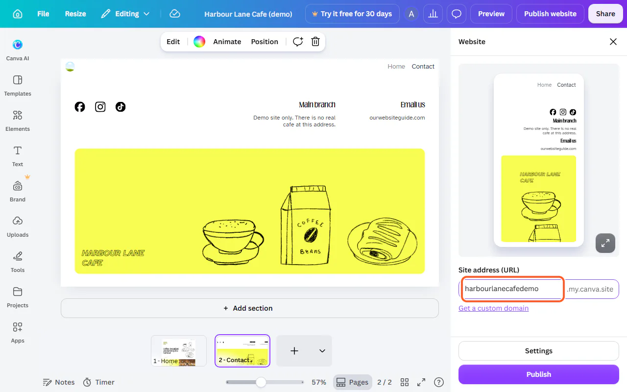 The Canva publish panel with a free site address typed in front of ".my.canva.site" outlined