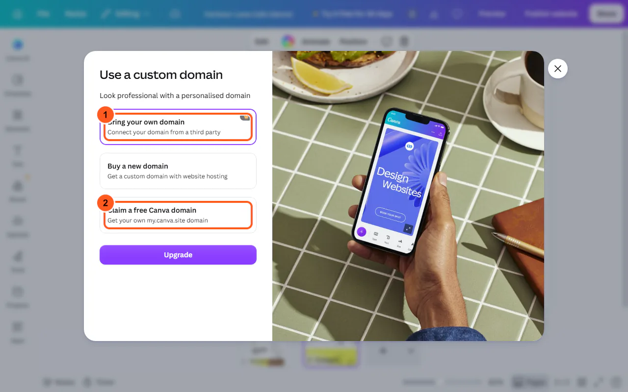 Canva's "Use a custom domain" window: "Bring your own domain" carries a Pro crown (1) and "Claim a free Canva domain" is free (2)