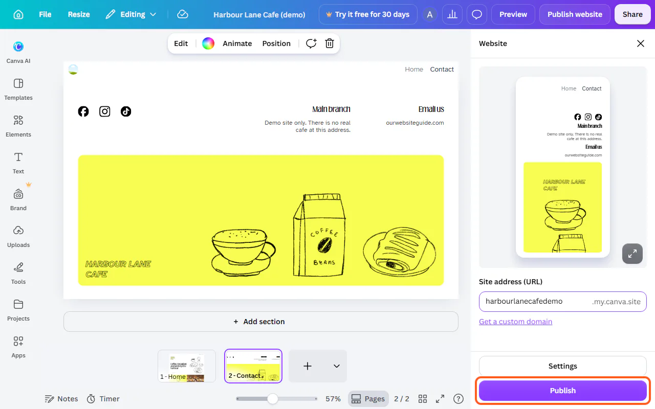 The Canva publish panel with the purple Publish button outlined