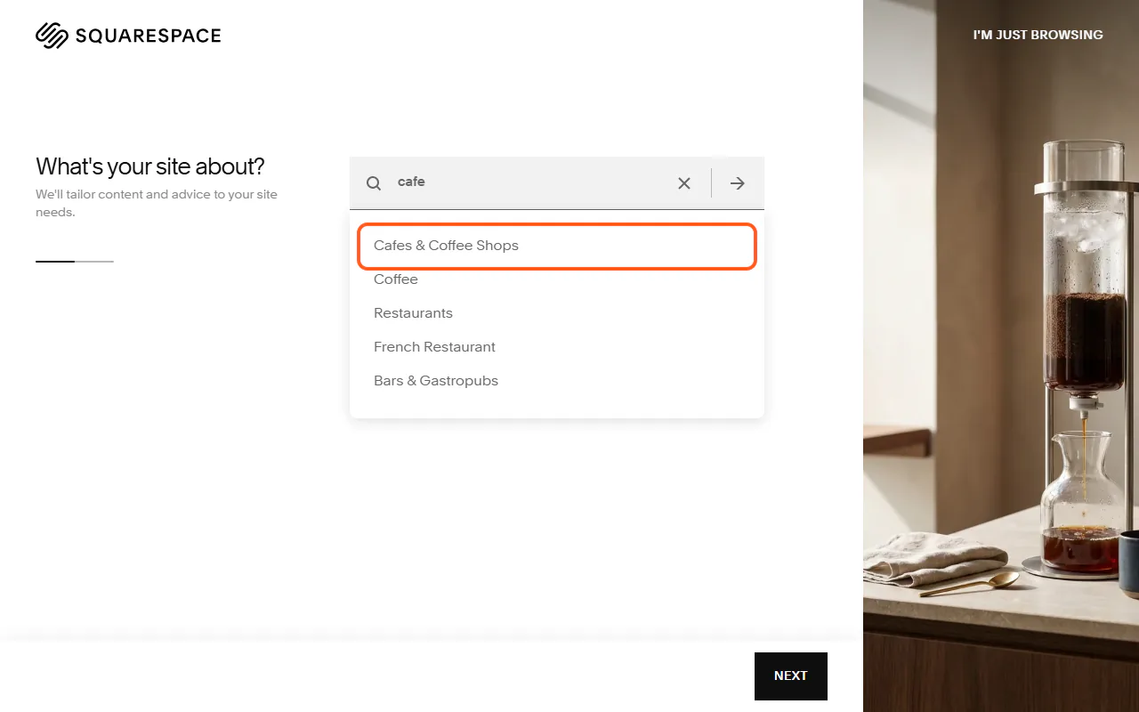 Squarespace's "What's your site about?" question with "cafe" typed and "Cafes & Coffee Shops" outlined