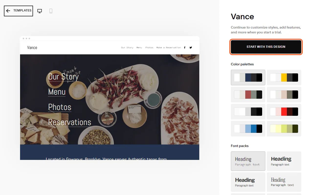 The Vance template page with "Start with this design" outlined