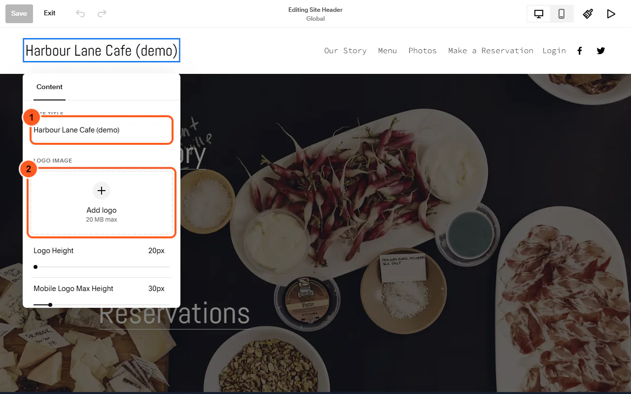 The Squarespace header editor with the Site Title field outlined (1) and the Add logo box numbered (2)