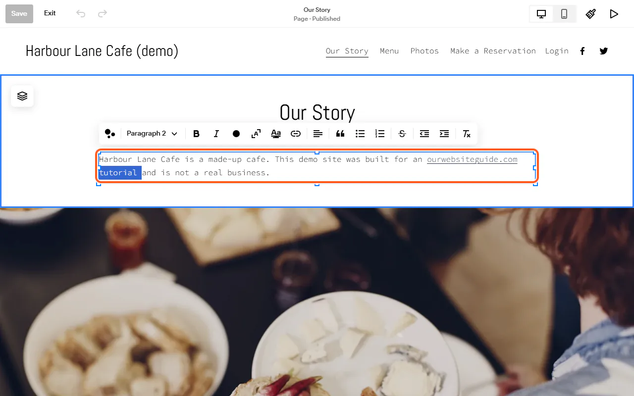 The Squarespace editor on the Our Story page with a text block selected and its formatting toolbar showing