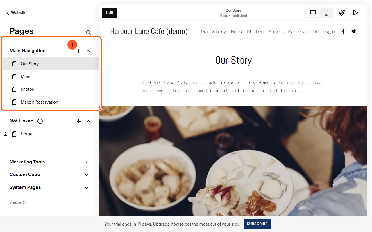 The Squarespace Pages panel with the Main Navigation list outlined and the add (+) button numbered