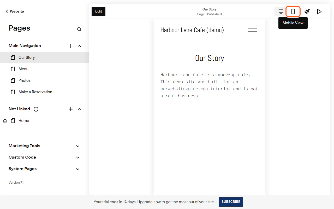 The Squarespace editor switched to the mobile preview, with the mobile view button outlined