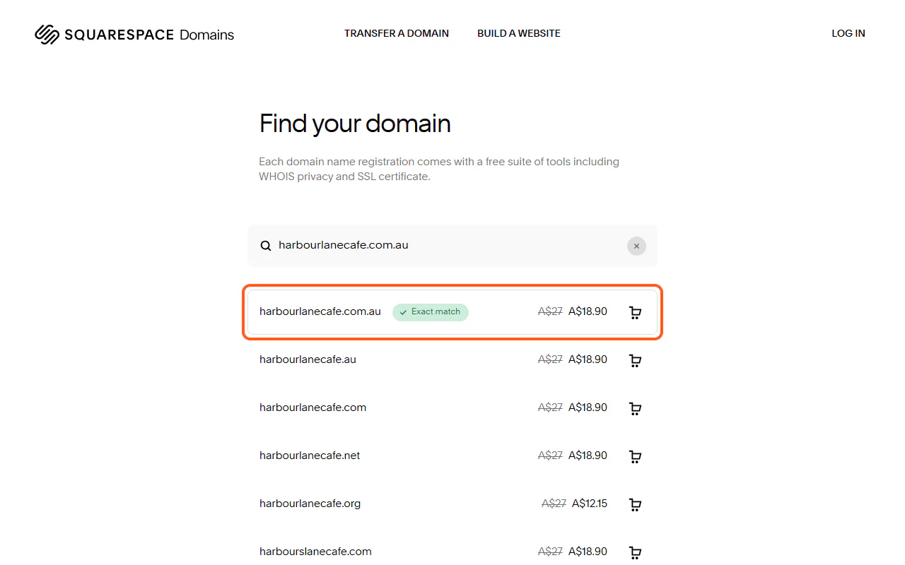 Squarespace domain search for harbourlanecafe.com.au, with the .com.au result outlined