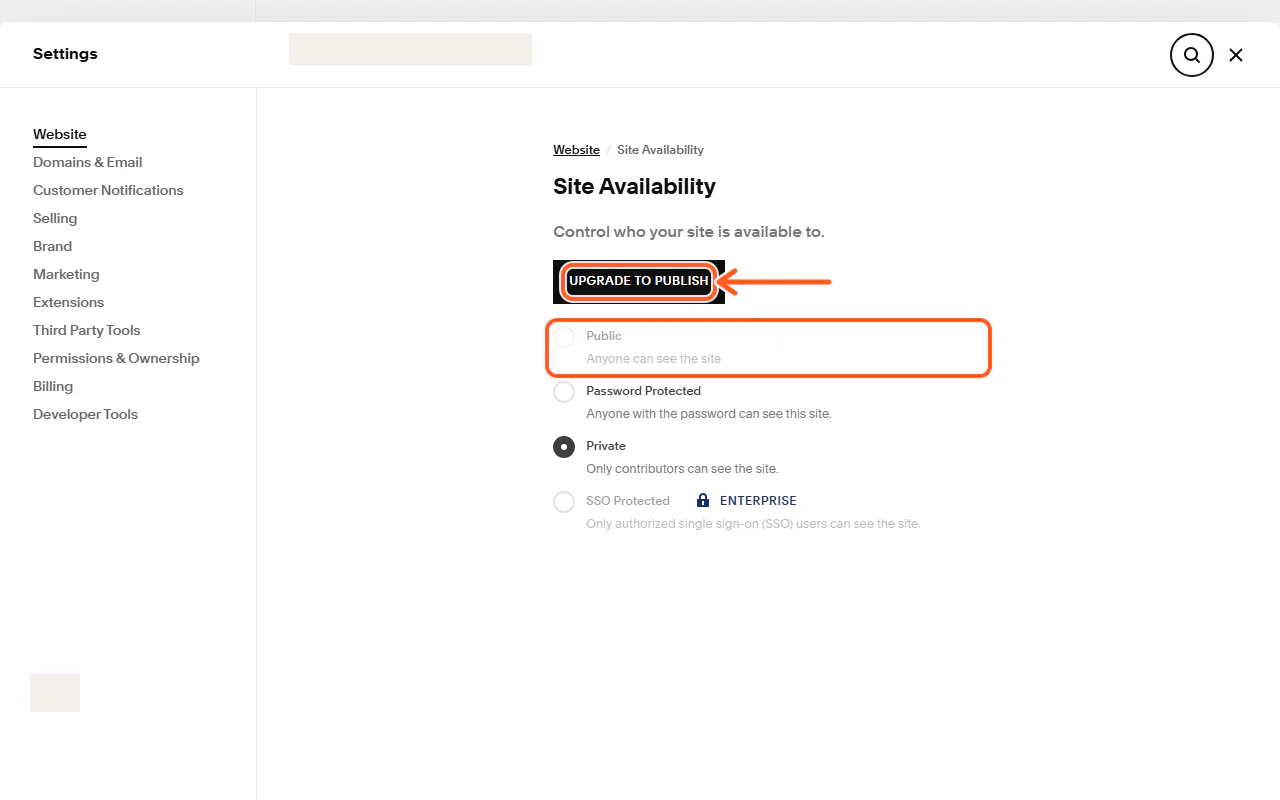 Squarespace Site Availability settings during the trial, with "Upgrade to publish" and the greyed-out Public option outlined