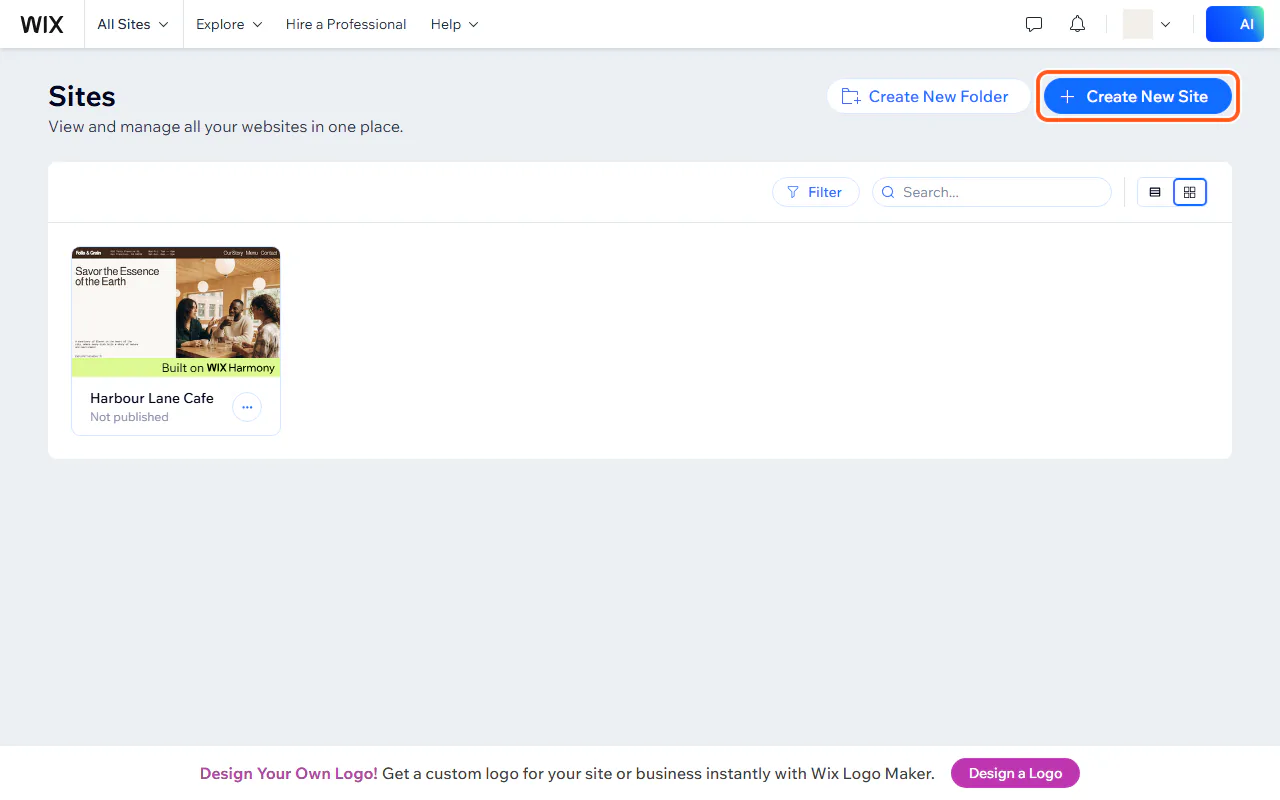 The Wix Sites page with the "Create New Site" button outlined