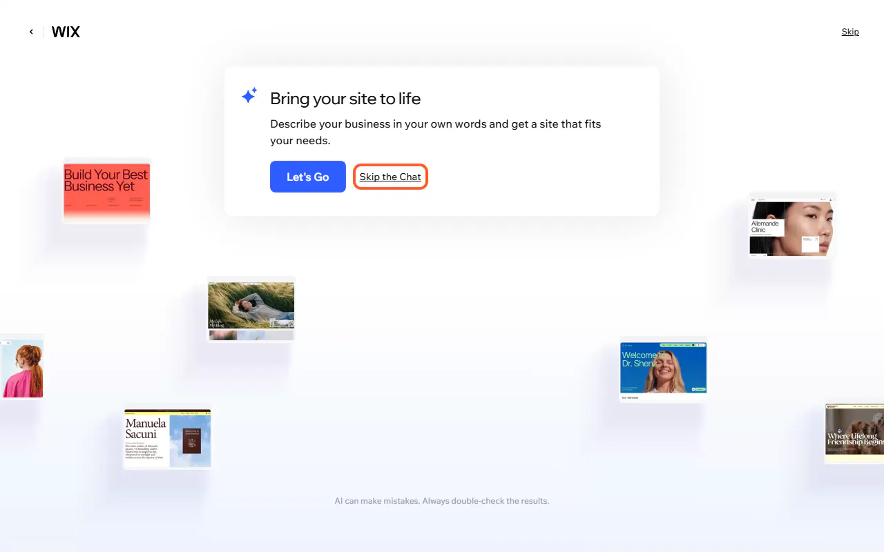 Wix's "Bring your site to life" screen with the "Skip the Chat" link outlined