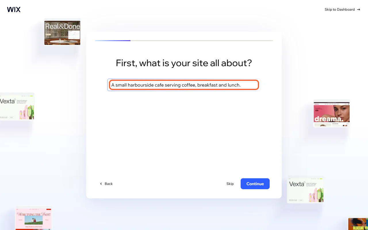 The first Wix setup question, "First, what is your site all about?", with a cafe description typed in