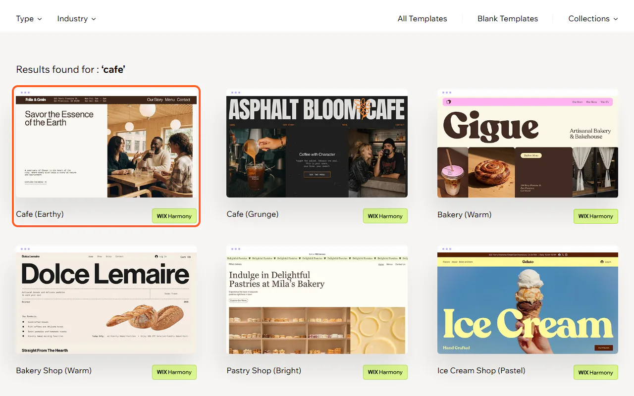 Wix website templates searched for "cafe", with the Cafe (Earthy) template outlined