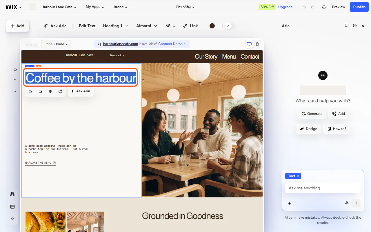 The Wix editor with the home page headline "Coffee by the harbour" selected for editing