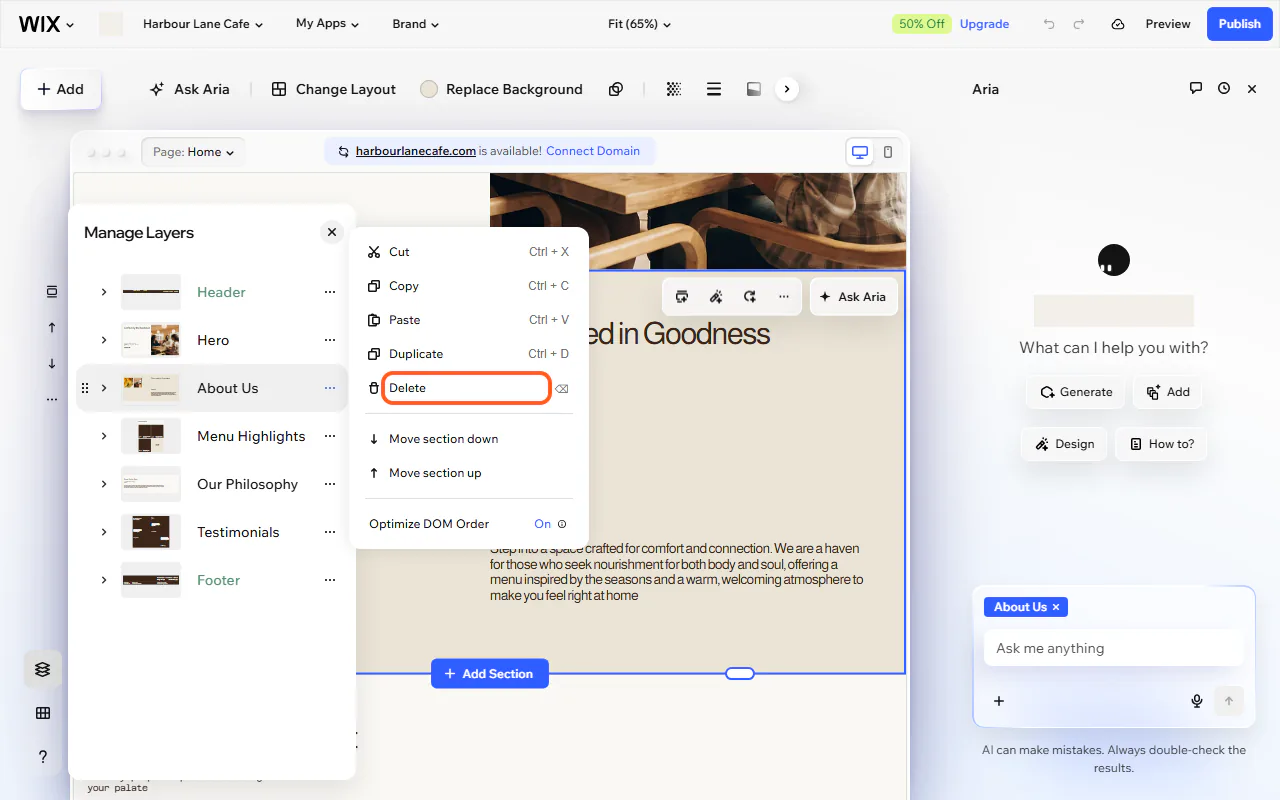 The Wix Manage Layers panel with the menu open on the About Us section and Delete outlined