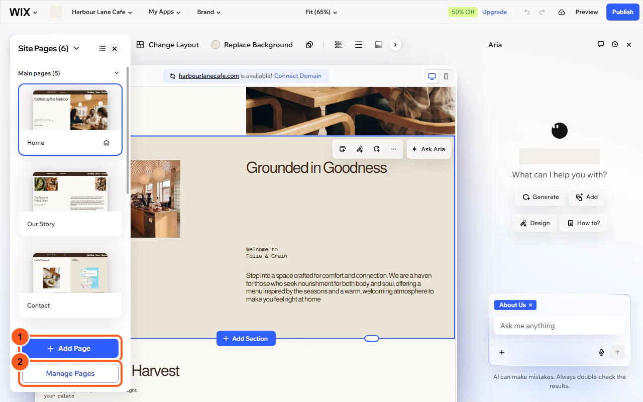 The Wix Site Pages panel listing Home, Our Story and Contact, with Add Page (1) and Manage Pages (2) numbered