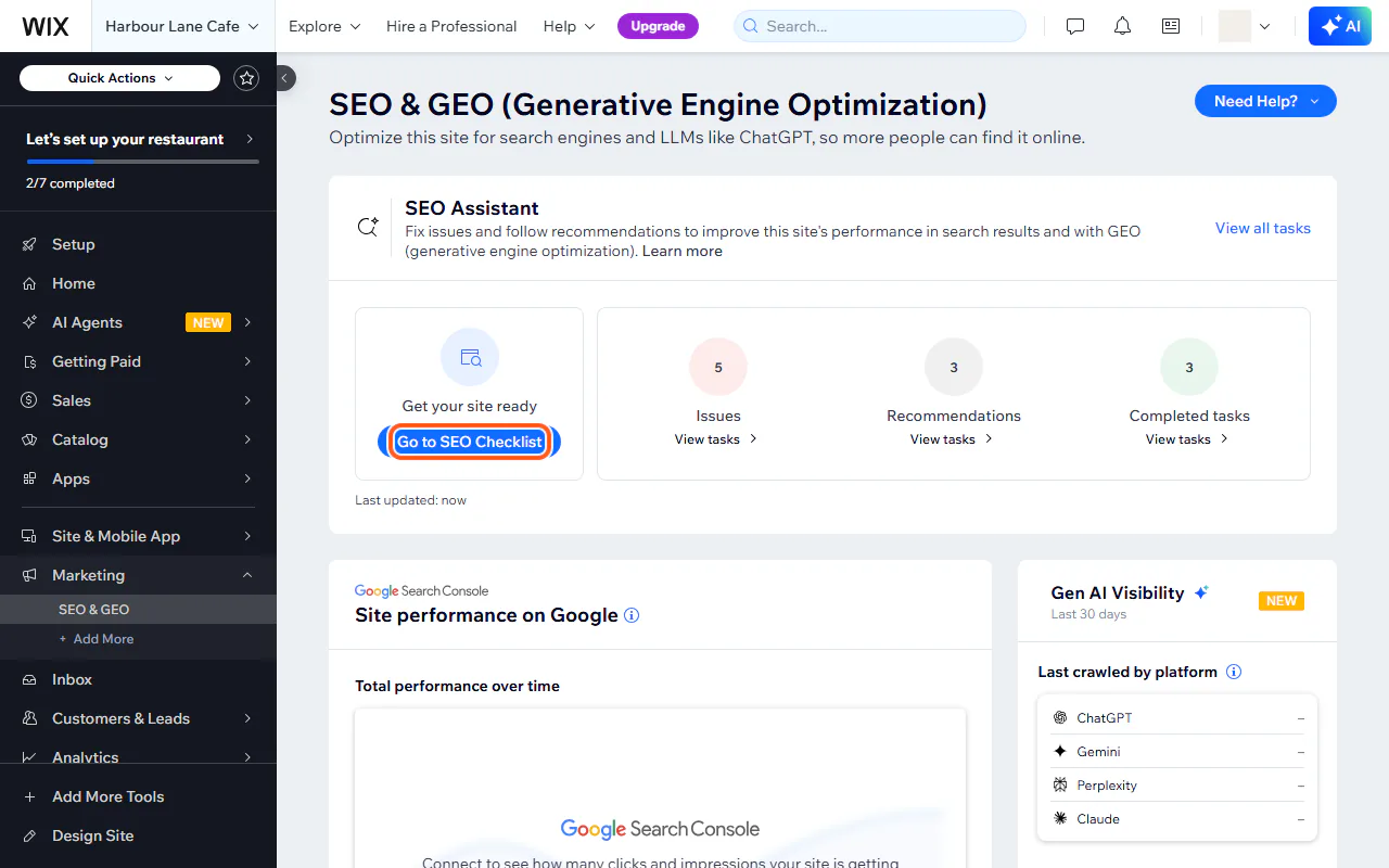 The Wix SEO & GEO dashboard with "Go to SEO Checklist" outlined