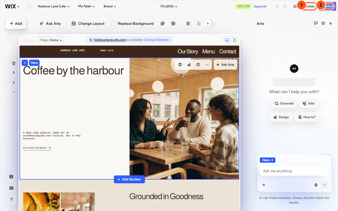 The Wix editor with the Preview (1) and Publish (2) buttons numbered