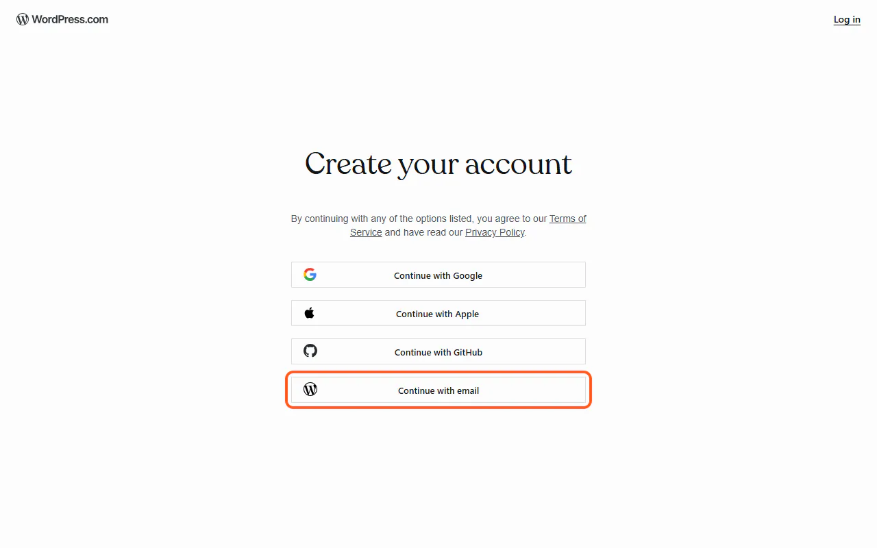 The WordPress.com "Create your account" screen, with the "Continue with email" button outlined