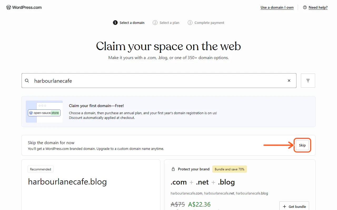 WordPress.com domain search results for "harbourlanecafe", with the Skip button for keeping a free WordPress.com address highlighted