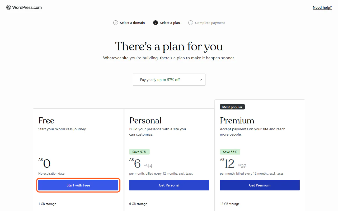 The WordPress.com plans screen showing Free, Personal and Premium prices in AUD, with "Start with Free" outlined
