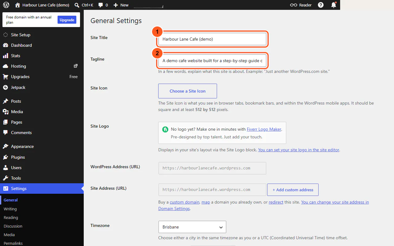 WordPress.com Settings, General, with the Site Title (1) and Tagline (2) fields numbered