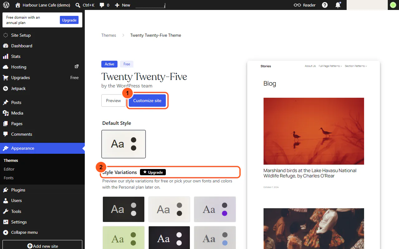 The Twenty Twenty-Five theme page with Customize site (1) and the Style Variations Upgrade badge (2) numbered
