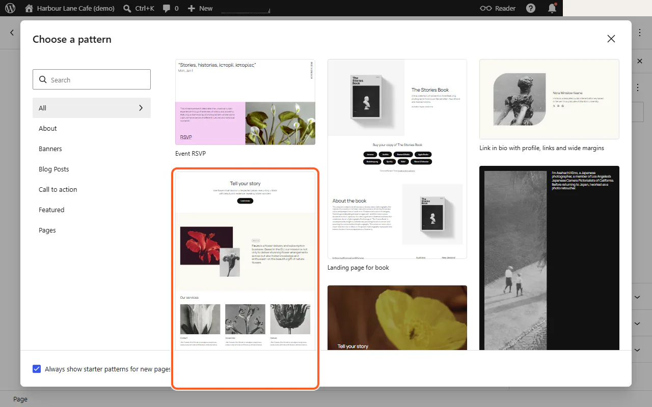 The "Choose a pattern" window for a new WordPress.com page, with the Business homepage pattern outlined