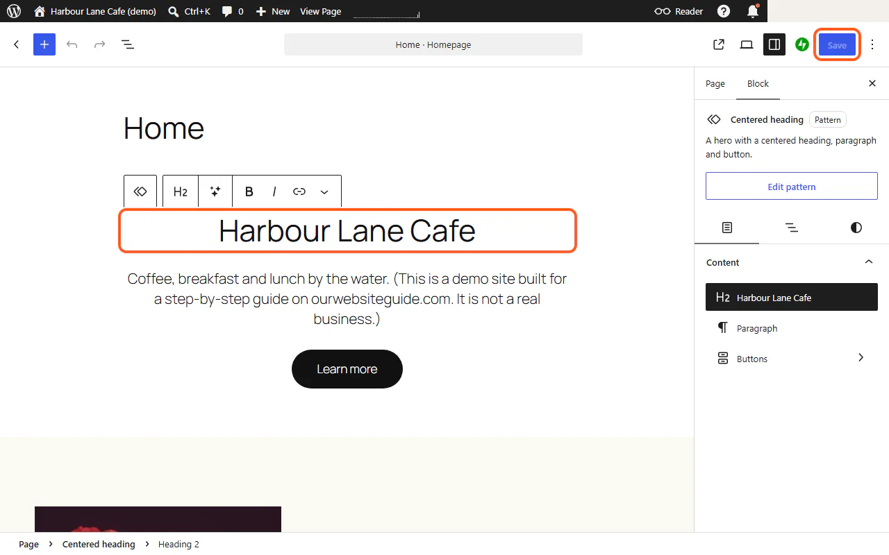 The WordPress.com block editor with the Harbour Lane Cafe heading selected and the Save button outlined