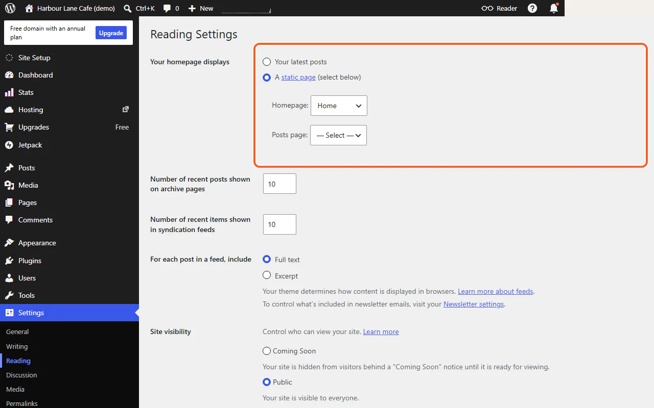 WordPress.com Reading Settings with "A static page" selected and Home chosen as the homepage