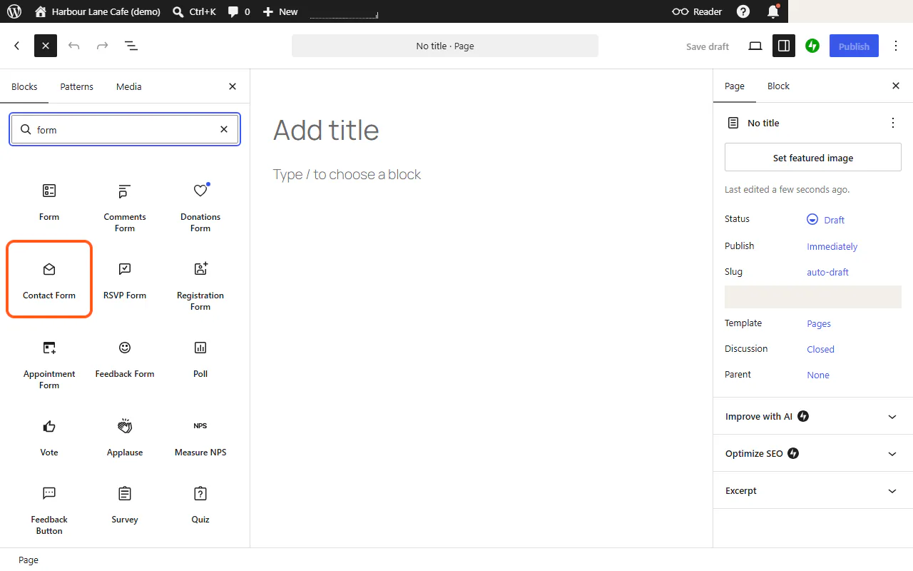 The block inserter searched for "form", with the Contact Form block outlined