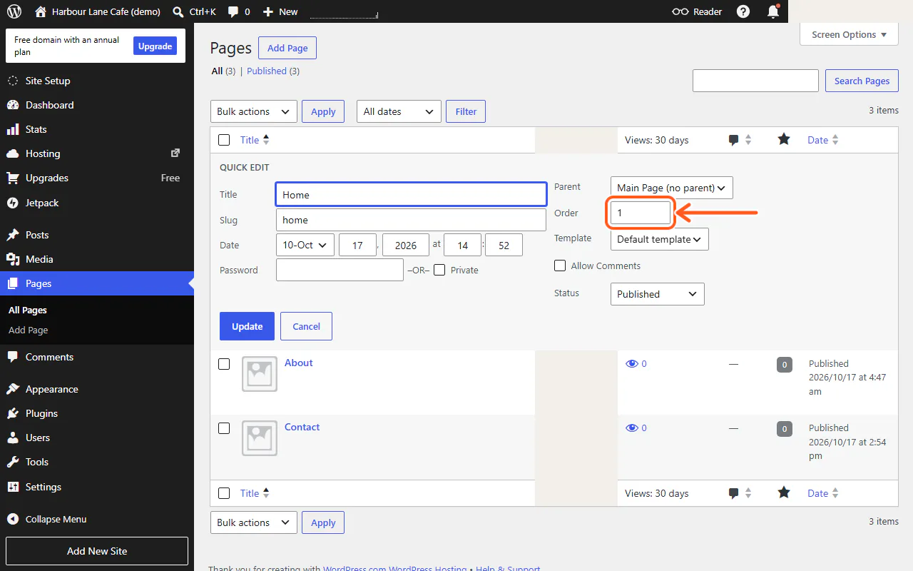 The WordPress.com Pages list with Quick Edit open on the Home page and the Order field outlined