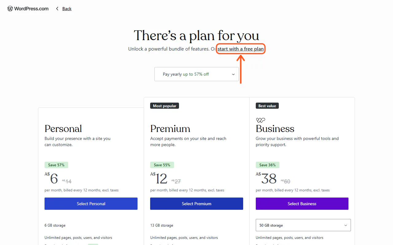 The WordPress.com launch screen showing paid plans, with the small "start with a free plan" link outlined