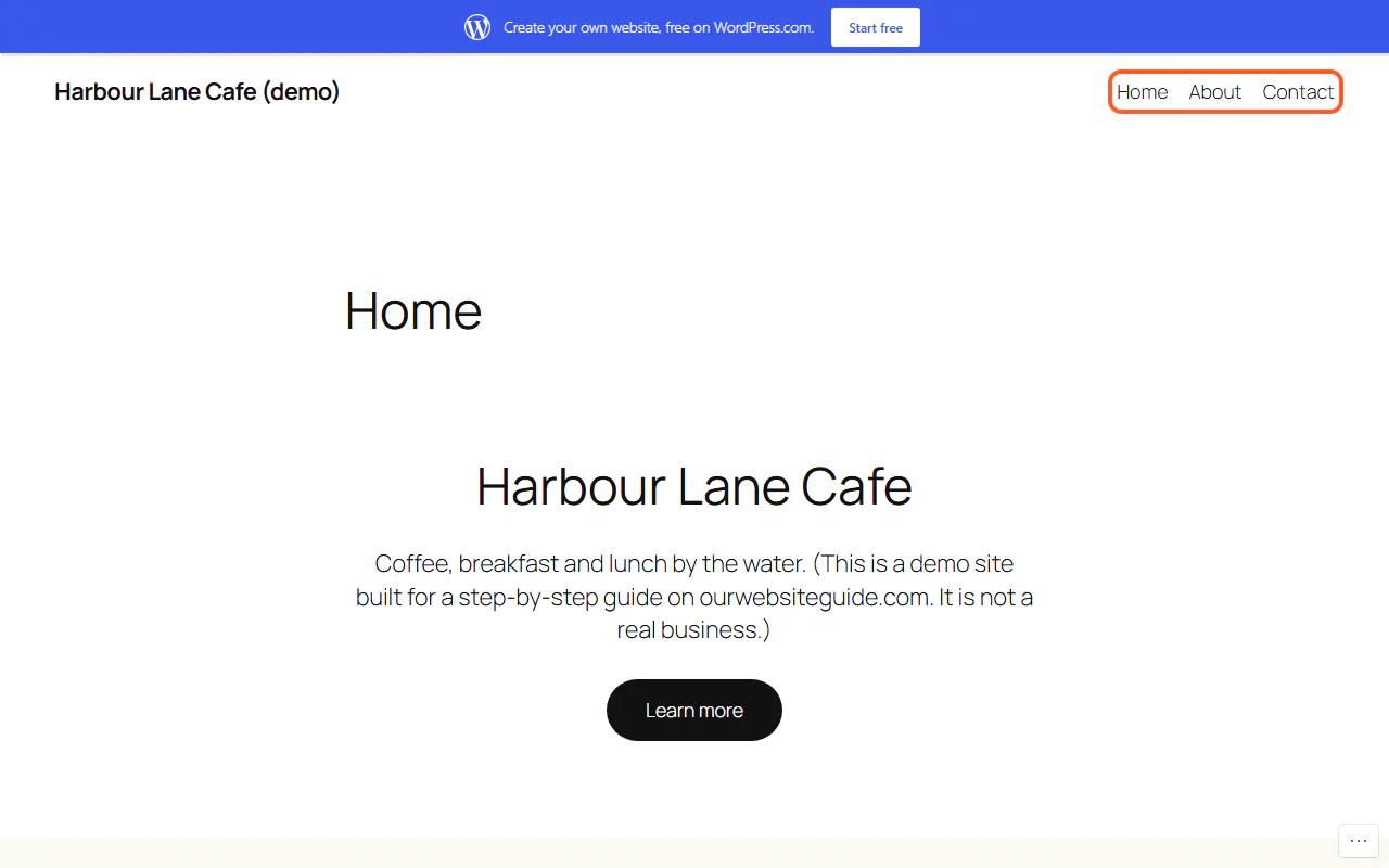 The finished Harbour Lane Cafe demo site on harbourlanecafe.wordpress.com, with its Home, About and Contact menu outlined